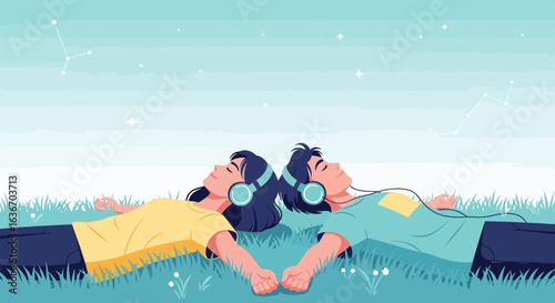 Couple listening to music under the stars sharing peaceful moments in nature feeling connected to the universe and enjoying relaxation