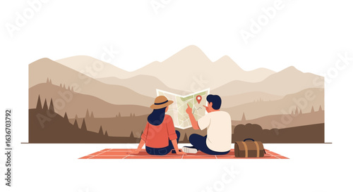 Couple Planning Their Hiking Adventure in the Mountains With a Detailed Map