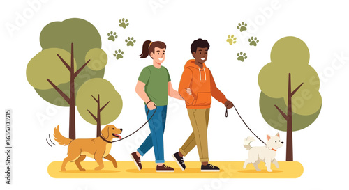 Couple Walking Dogs Together Through Green Park For a Healthy Lifestyle