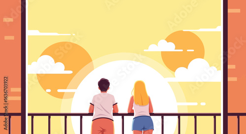 Couple watching a warm sunset from the balcony of their apartment with orange clouds