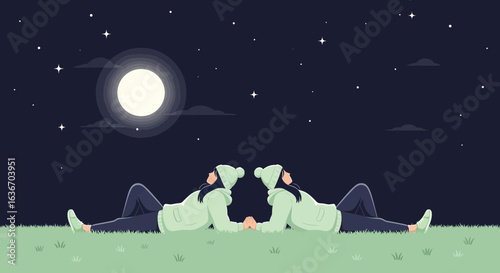 Couple watching the moon and stars under the night sky in a tranquil scenery featuring a serene landscape and the bright moon
