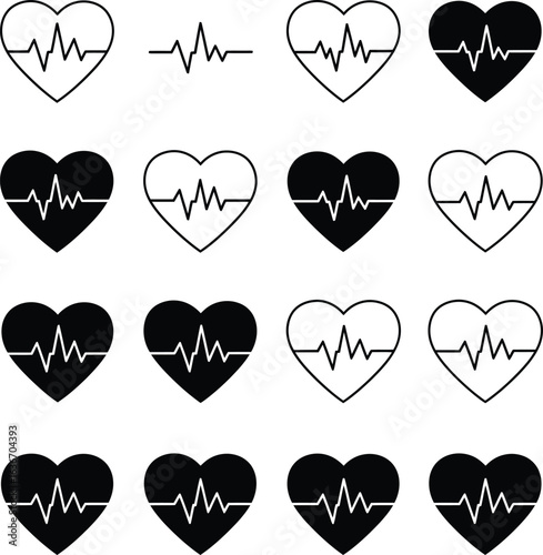 Vector illustration of a set of heart and heartbeat icons. ECG symbols representing health, cardiology, and love, ideal for medical apps and websites, and general healthcare designs.