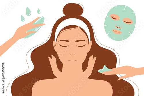 A minimalist illustration of a woman enjoying a relaxing facial treatment with a gua sha tool and cosmetic sheet mask.