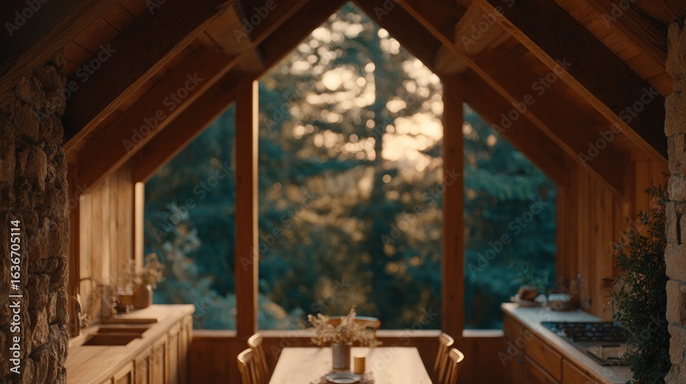 Fototapeta premium Warm wooden interior with large windows offering stunning nature