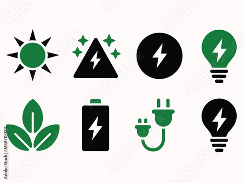 Flat Design Energy Icon Collection — Eco-Friendly Renewable Power, Solar, Wind, Hydro, and Electricity Concepts on White