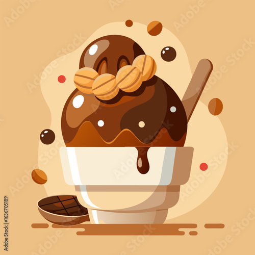 Chocolate ice cream dessert with hazelnut toppings in a white bowl. Delicious treat presented with a wooden spoon in a warm. inviting background.