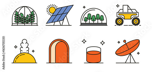 A set of eight minimalist line art icons for space exploration and planet colonization concepts. Vector illustration of extraterrestrial settlement technology.
