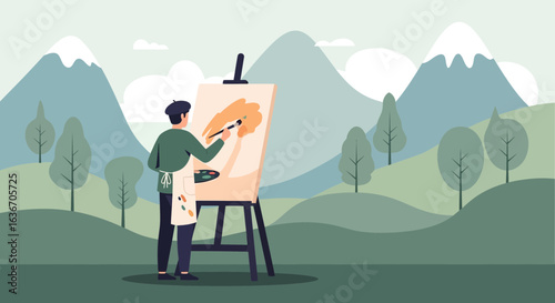 Creative Artist Painting In Nature Serene Mountain Landscape Scenery