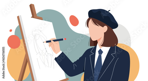 Creative Female Artist Drawing A Portrait On An Easel In Her Studio