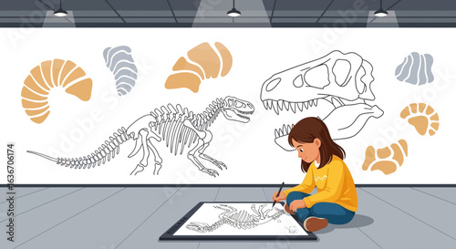Creative Girl Illustrating Dinosaur Skeleton In Museum Setting For Scientific Exploration