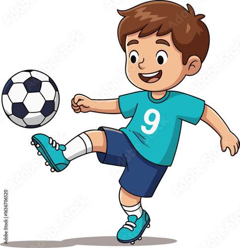 Young boy playing soccer, kicking ball, number 9 jersey, outdoor sports, children's activity, fitness, fun, skillful kick, teal uniform, energy