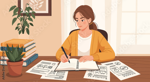 Creative Woman Sketching Designs In Her Notebook At Home Office Desk