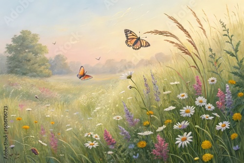 A beautiful meadow with butterflies and flowers in a sunny summer day