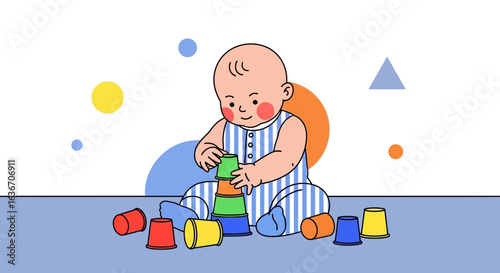 Cute Baby Building a Tower With Colorful Cups Early Childhood Development