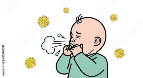 Cute Baby Coughing Surrounded By Allergens Viral Infection And Sickness Season
