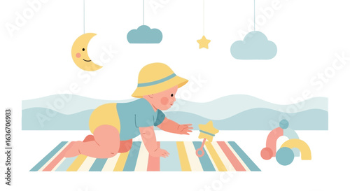 Cute Baby Crawling On Mat Near Toys Under Moon Cloud Star Decorations