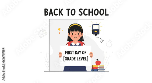 Cute cheerful student holds sign celebrating back to school day and learning enthusiasm
