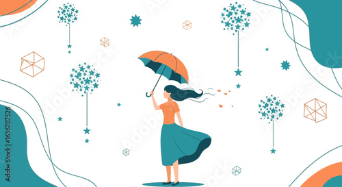 Dancing In The Breeze A Woman With An Umbrella And Geometric Ornaments