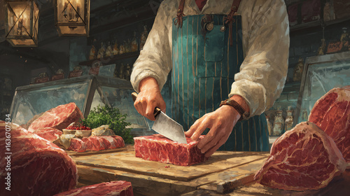 Skilled butcher expertly preparing prime cuts of meat with a cleaver in a rustic shop filled with various meats and fresh ingredients
