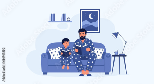 Dad And Son Reading A Book Together In Pajamas On The Sofa At Night