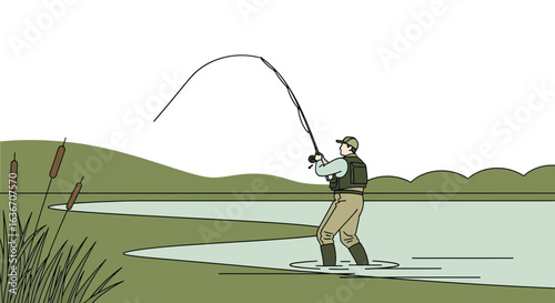 Dedicated Angler Casting Line During Early Morning Fishing Adventure Outdoors