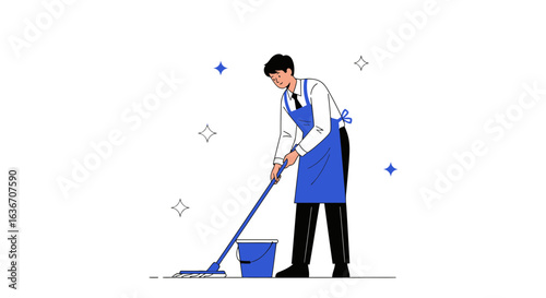 Dedicated Cleaner Mopping The Floor with Precision In Bright And Clean Environment