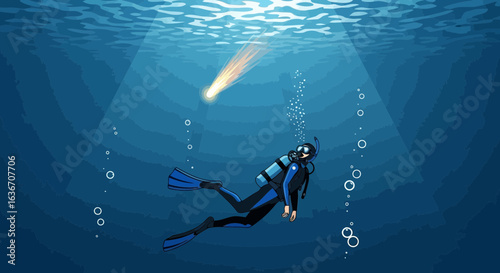 Deep Blue Sea Exploration Diver Investigating Underwater Phenomenon Adventure