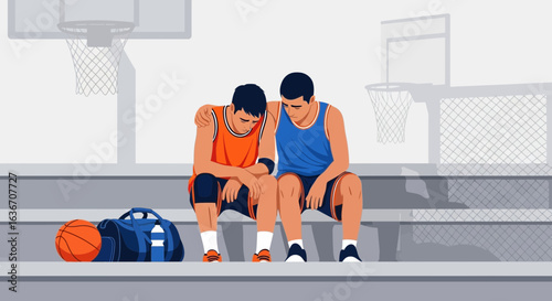 Dejected Basketball Players Sitting on Bench After Game Showing Support and Friendship