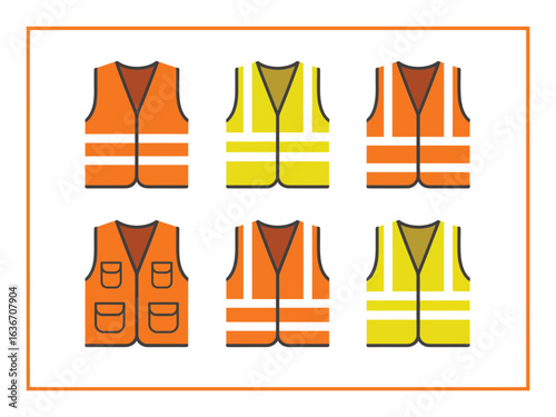 A clean flat design illustration showcasing a collection of high-visibility safety vests with reflective stripes for work.