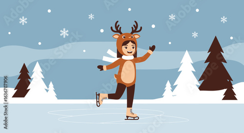 Delightful winter scene of a young girl dressed as a reindeer ice skating outdoors happily