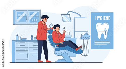 Dental check-up illustration depicting a young man at the dentist office examination showing the doctor using mirror to examine the patients teeth