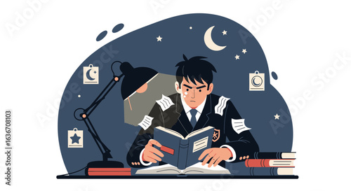 Determined Student Studying Late At Night Cartoon Illustration For Exam Preparations