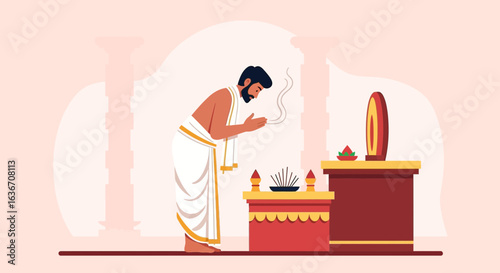 Devotee Offering Prayers Traditional Hindu Ritual in Temple Backdrop