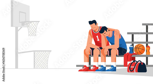 Distressed Basketball Players Consoling After Game Loss On Bench