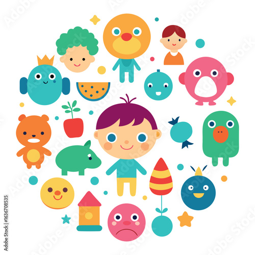 A vibrant and playful cartoon illustration featuring a variety of cute characters, perfect for adding a touch of whimsy to any project. Cheerful and engaging design.