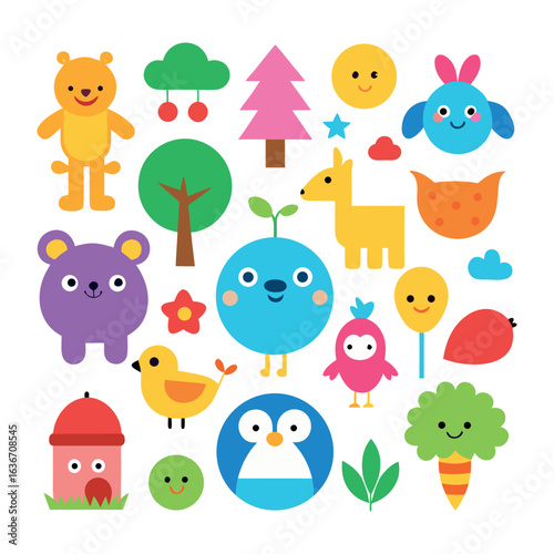A charming collection of cartoon animals and plants, perfect for adding a touch of whimsy to any project. This image is sure to delight children and adults alike.