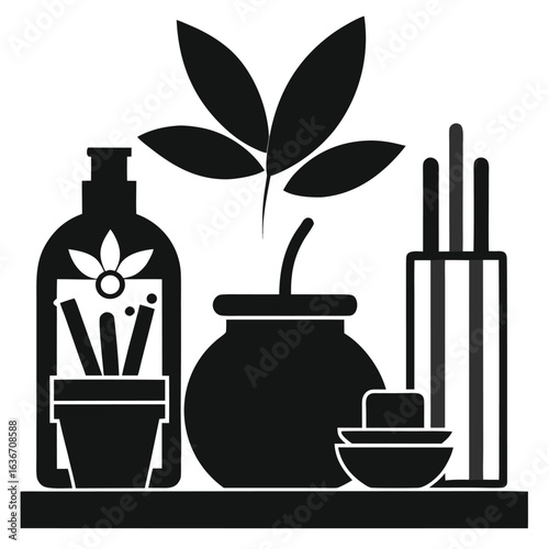 Serene aromatherapy setup with essential oil diffuser and herbs silhouette icon