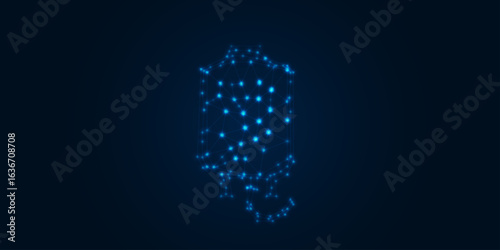 Low poly digital blood bag with blue glowing fluid in futuristic style for virtual donation transfusion technology and healthcare medical emergency supply concept