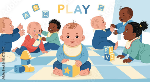Diverse group of babies playing with blocks in a cheerful nursery setting illustration