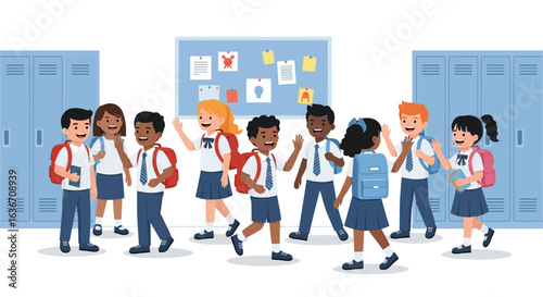 Diverse Group Of Happy Students Heading To Class At School Illustration