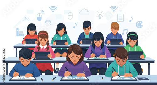 Diverse group of students learning using tablets in a modern classroom environment