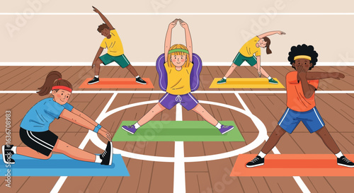 Diverse Group Practices Yoga Stretching Together in Gym Studio Classroom Setting