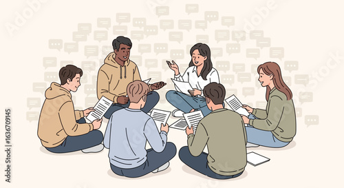 Diverse Students In Circle Discussing Ideas And Thoughts For College Assignment