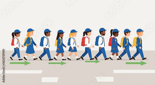 Diverse Students Walking In Uniform With Arrows Showing Directions On Crosswalk