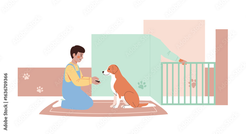 Fototapeta premium Dog Training At Home With Young Man And Puppy Crate Happy Moment