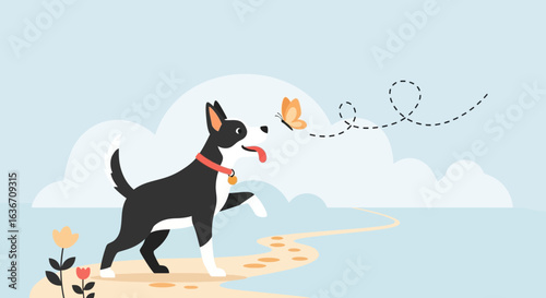 Dog chasing butterfly vector illustration in a lighthearted outdoor setting with pastel colors, embodying fun and innocence