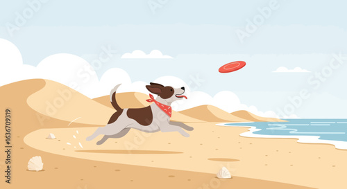 Dog having fun playing fetch with a frisbee on the beach on a sunny day illustration