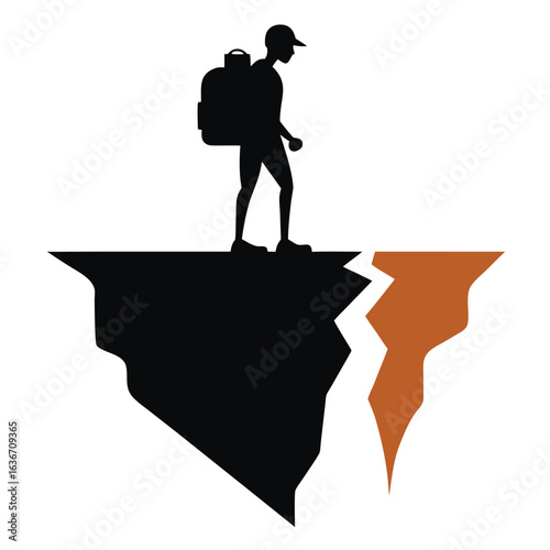 Silhouette of a lone backpacker standing on a cliff edge overlooking a vast landscape