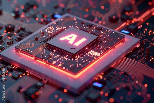The future of computing: a glowing AI chip powers advanced artificial intelligence.