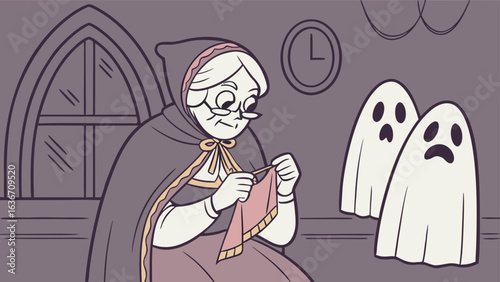 Grandmother knitting with two surprised ghosts watching her in a dimly lit room with a gothic window and a clock on the wall